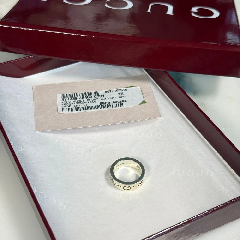 Gucci Ghost Ring Sterling Silver 6mm GG Skull Graffiti Band 477339 Size 16 IT